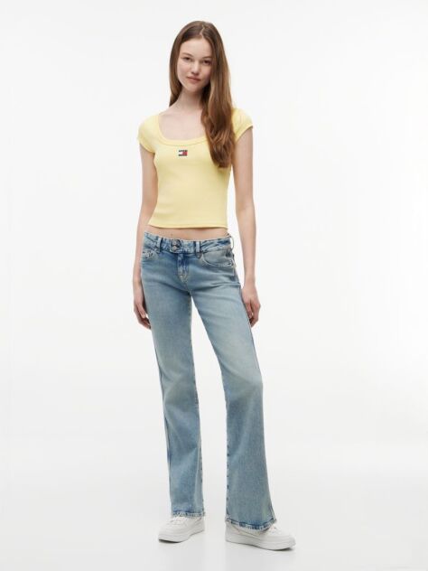 Galben Tricou Slim Cu Guler Rotund Tommy Badge  Femei