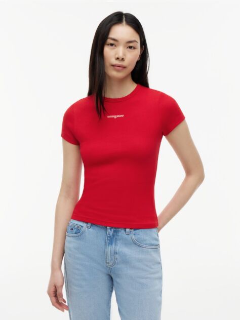 Rosu Tricou Slim Cu Logo Si Dungi  Femei
