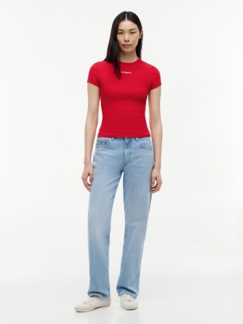 Rosu Tricou Slim Cu Logo Si Dungi  Femei