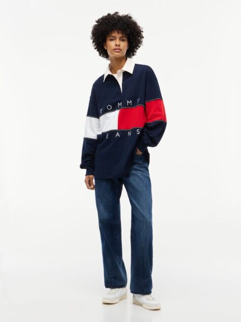 Blue Tommy Flag Jersey Oversized Rugby Shirt  Women
