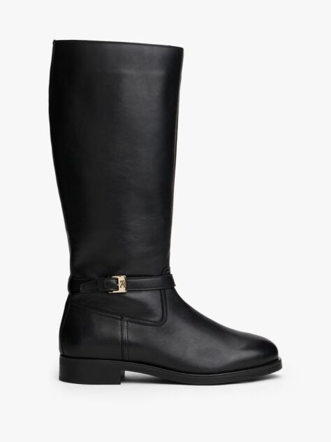 Black Leather TH Monogram Buckle Riding Boots  Women