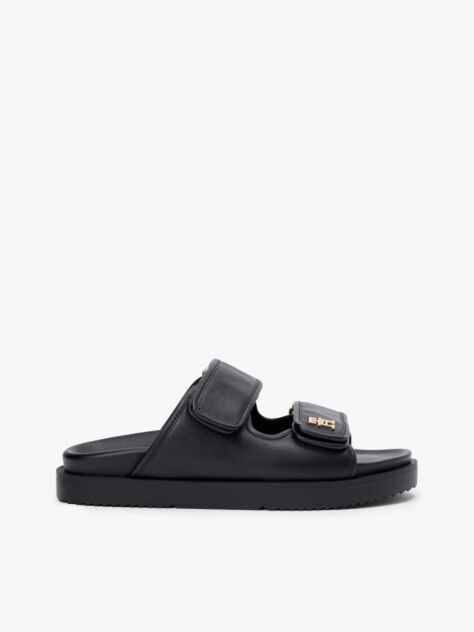 Black Leather TH Monogram Double Strap Sandals  Women