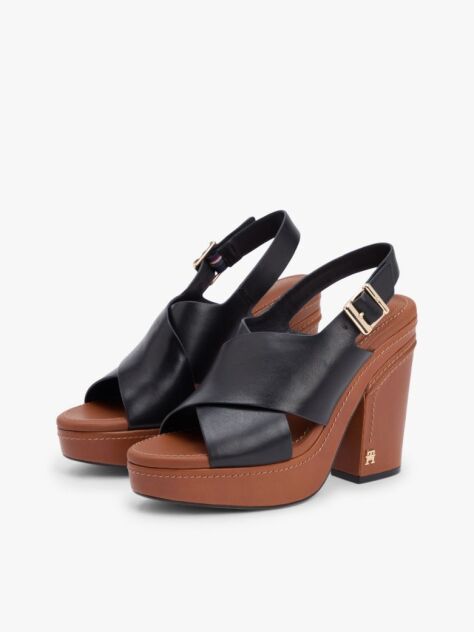 Black Leather Crossover Strap Block Heel Sandals  Women