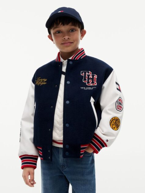 Blue Bouclé Logo Embroidery Relaxed Bomber Jacket  Boys