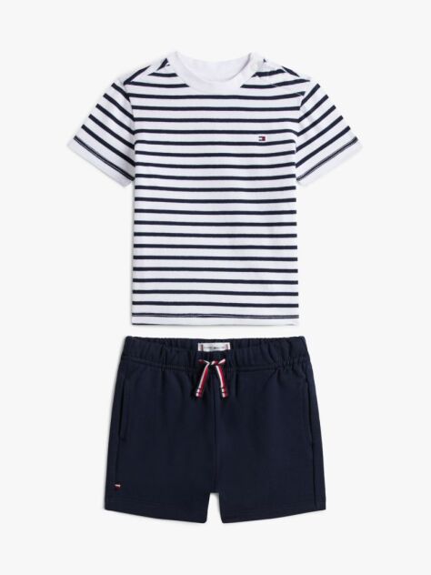 Blue Set Esential Cu Tricou Si Pantaloni Scurti Cu Dungi  Nou nascuti