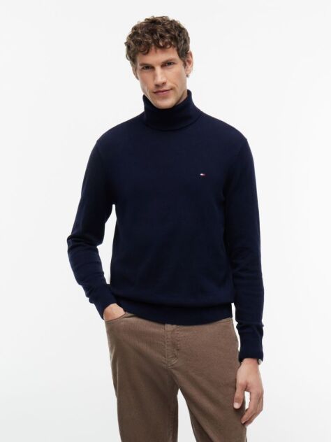Blue Cotton Cashmere Roll Neck Jumper  Men