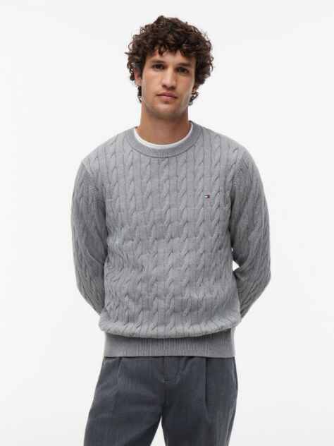 Grey Cable Knit Crew Neck Jumper  Men