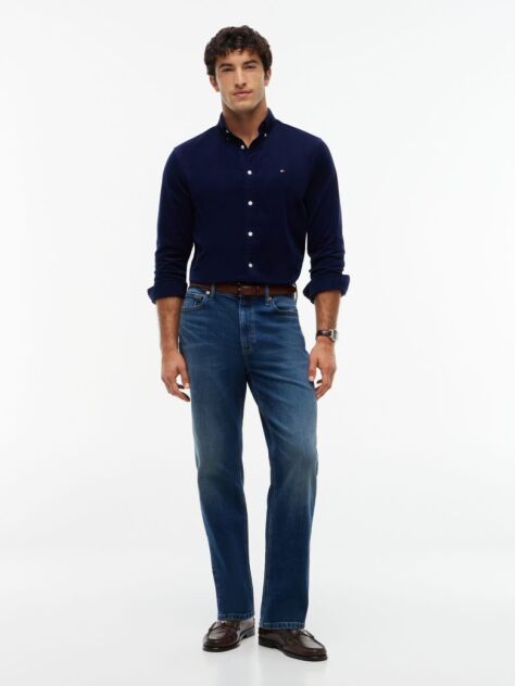 Blue Regular Fit Flag Embroidery Corduroy Shirt  Men