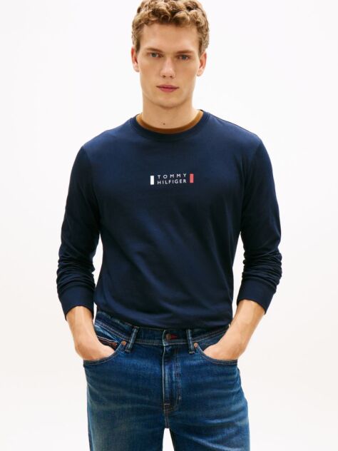 Blue T-Shirt Din Jerseu Cu Maneci Lungi Si Logo  Barbati