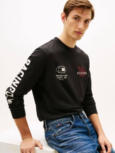 Negru T-Shirt Din Jerseu Cu Maneci Lungi Si Imprimeu  Barbati