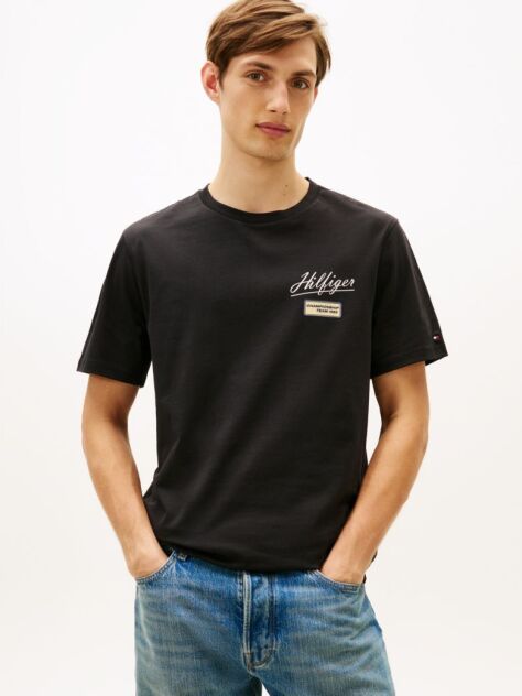 Negru T-Shirt Cu Textura Guler Rotund Si Logo  Barbati