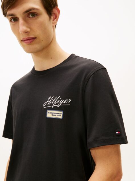 Negru T-Shirt Cu Textura Guler Rotund Si Logo  Barbati