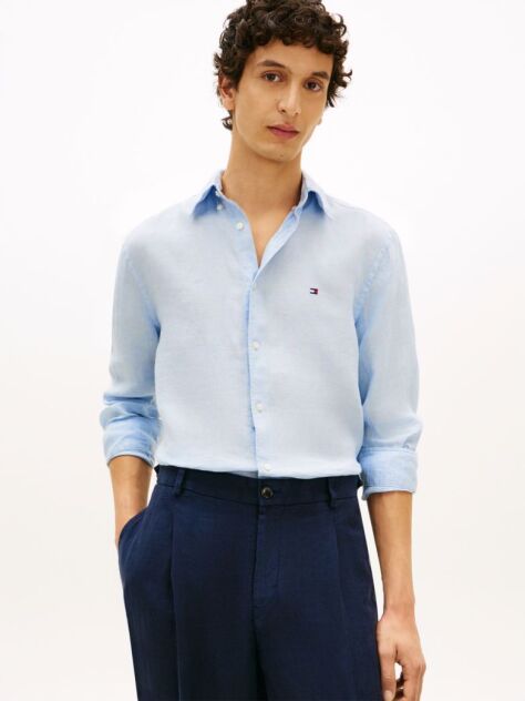 Blue Camasa Din In Pur Pique Washed Cu Croiala Regular  Barbati
