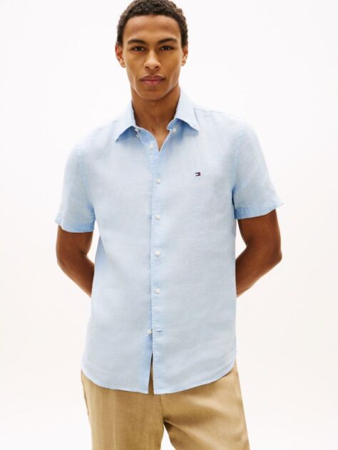 Blue Camasa Cu Maneca Scurta Din In Washed Cu Croiala Regular  Barbati