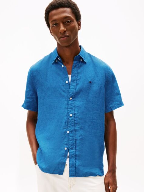 Blue Regular Fit Washed Linen Short Sleeve Shirt  Men