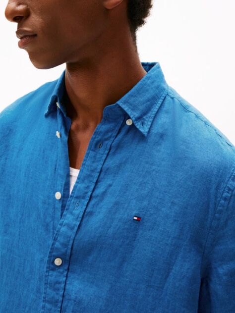 Blue Regular Fit Washed Linen Short Sleeve Shirt  Men