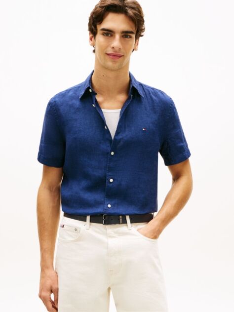 Blue Camasa Cu Maneca Scurta Din In Washed Cu Croiala Regular  Barbati