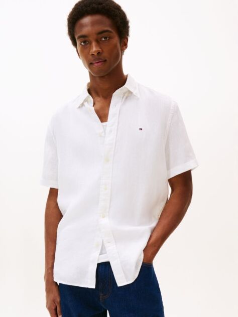 White Regular Fit Washed Linen Short Sleeve Shirt  Men