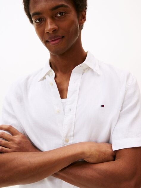 White Regular Fit Washed Linen Short Sleeve Shirt  Men