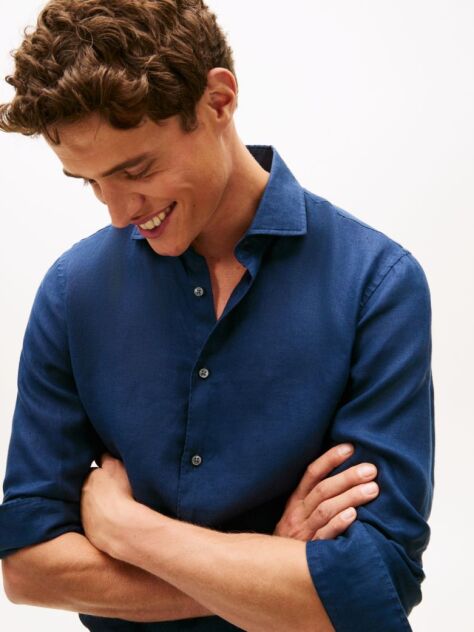 Blue Smart Casual Camasa Cu Croiala Slim Din In Pur  Barbati