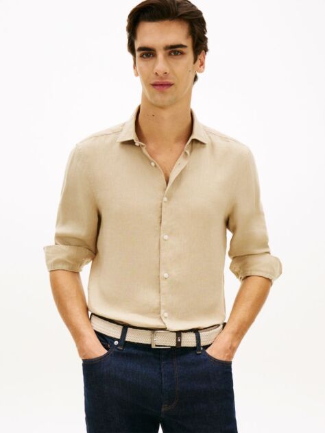Beige Smart Casual Slim Fit Pure Linen Shirt  Men
