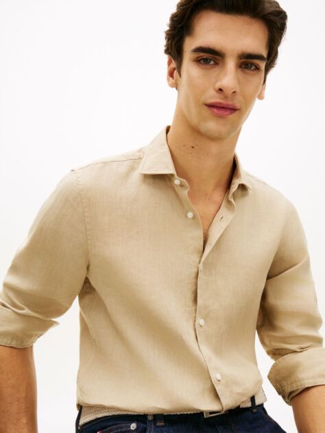 Beige Smart Casual Slim Fit Pure Linen Shirt  Men