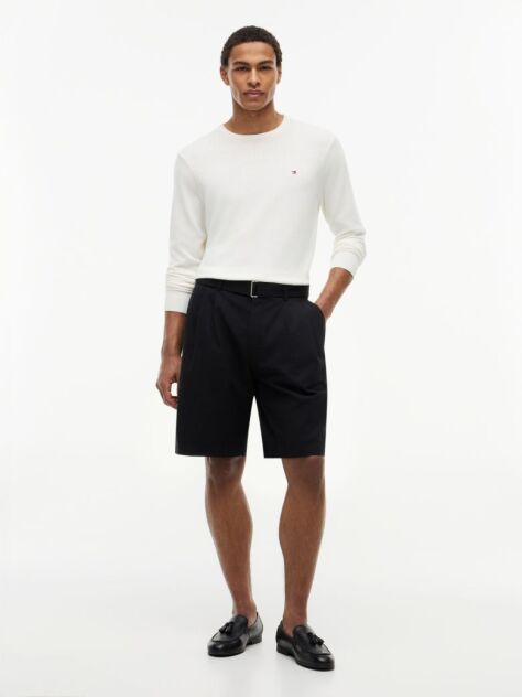 Black Linen Blend 10" Inseam Belted Chino Shorts  Men