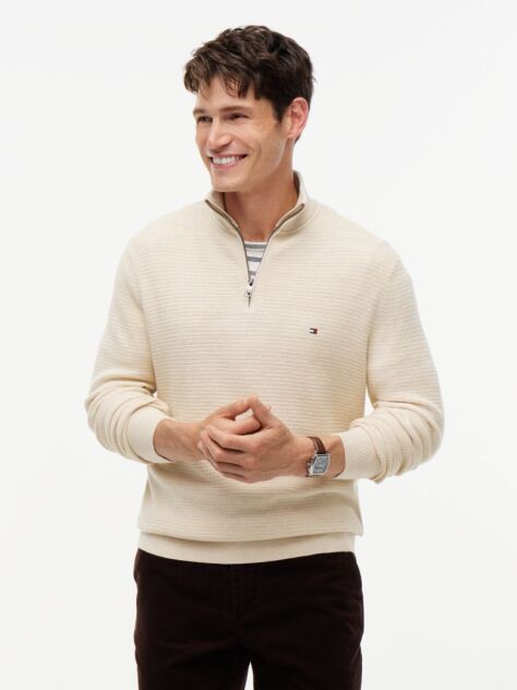 Beige Textured Quarter-Zip Mock Neck Jumper With Cashmere  Men