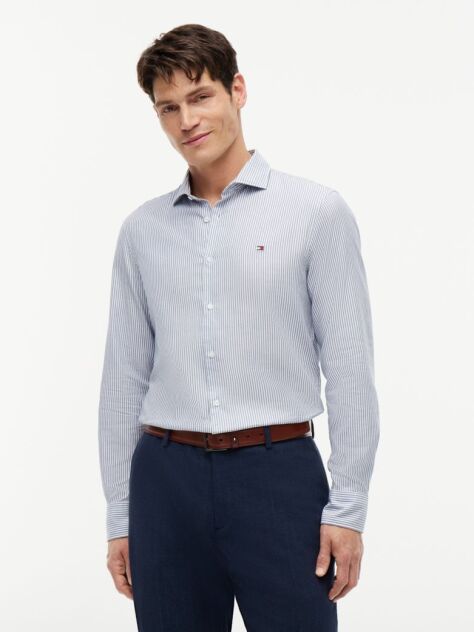 Blue Camasa Oxford Cu Croiala Slim Si Dungi  Barbati