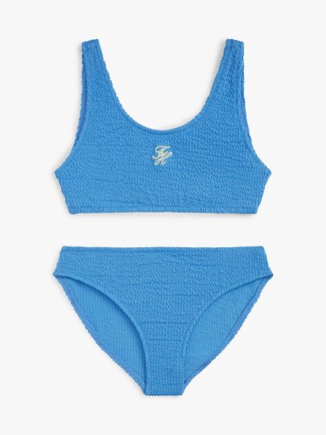 Blue Logo Embroidery Textured Bralette Bikini Set  Girls
