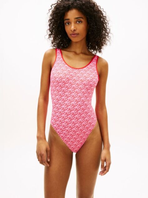 Pink Essential Logo Print Scoop Back Swimsuit  Women