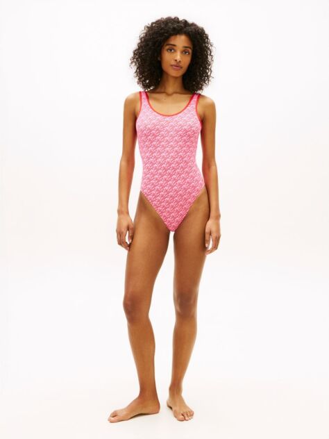 Pink Essential Logo Print Scoop Back Swimsuit  Women