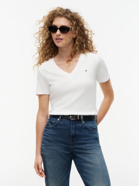 Beige Ribbed V-Neck Slim Fit T-Shirt  Women