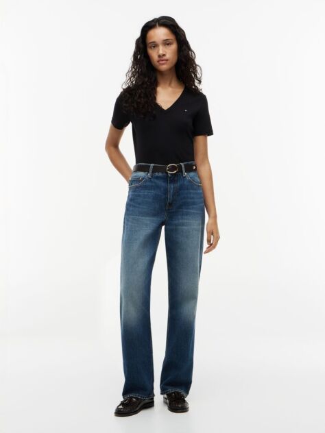 Black Ribbed V-Neck Slim Fit T-Shirt  Women