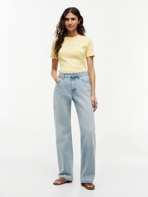Galben Tricou Cu Nervuri Slim Fit Cu Steag Brodat  Femei