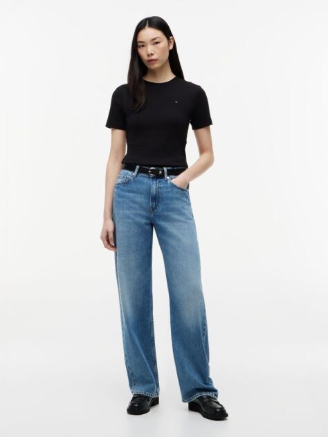 Negru Tricou Cu Nervuri Slim Fit Cu Steag Brodat  Femei