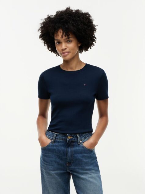 Blue Flag Embroidery Ribbed Slim T-Shirt  Women