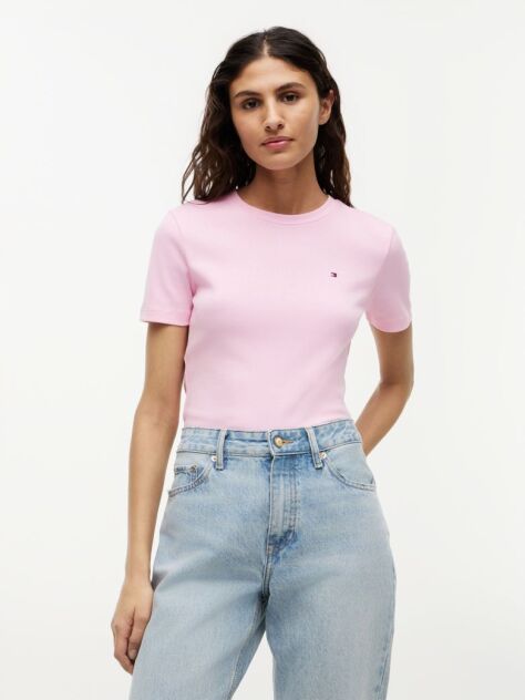 Roz Tricou Cu Nervuri Slim Fit Cu Steag Brodat  Femei