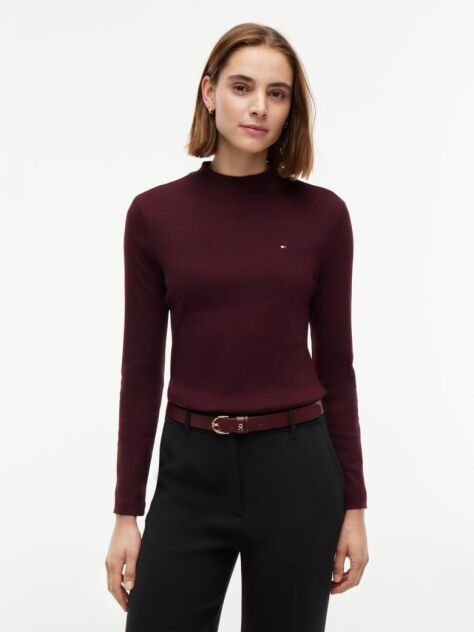 Rosu Top Slim Cu Maneci Lungi Si Guler Inalt  Femei