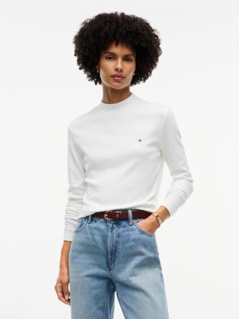 Beige Mock Neck Slim Long Sleeve Top  Women