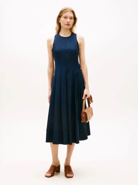 Blue Rochie Midi Din Amestec De In Cu Nasturi Aurii  Femei