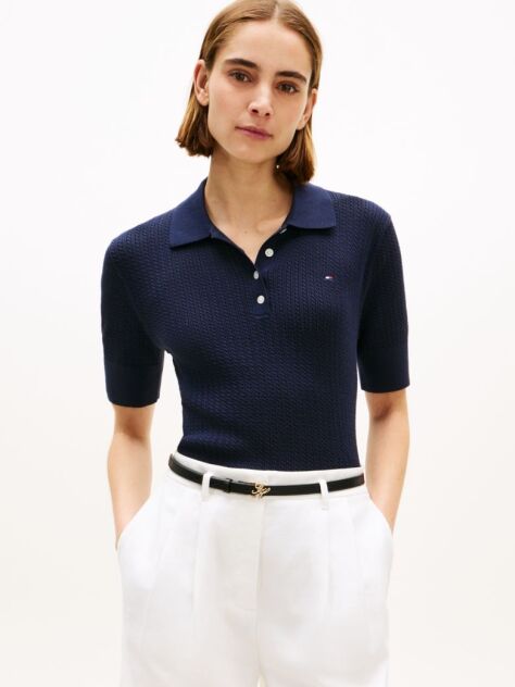 Blue Pulover Polo Cu Maneci Scurte Si Model Pointelle  Femei