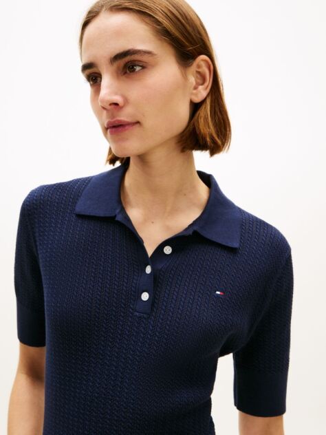 Blue Pulover Polo Cu Maneci Scurte Si Model Pointelle  Femei