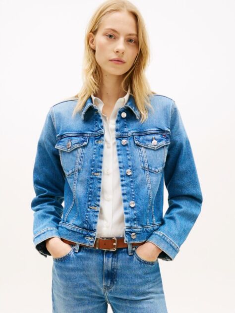 Blue Jacheta Slim Din Denim Cu Steag Brodat  Femei