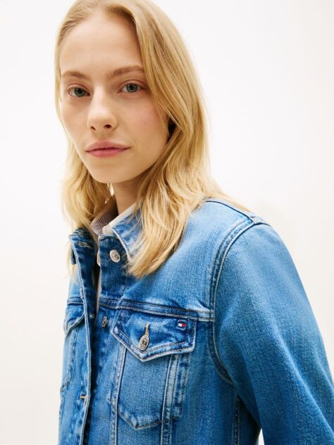 Blue Jacheta Slim Din Denim Cu Steag Brodat  Femei