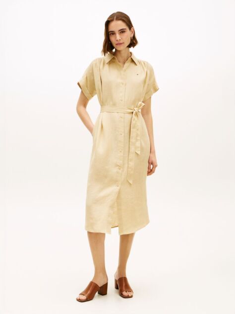 Beige Belted Relaxed Pure Linen Shirt Dress  Women