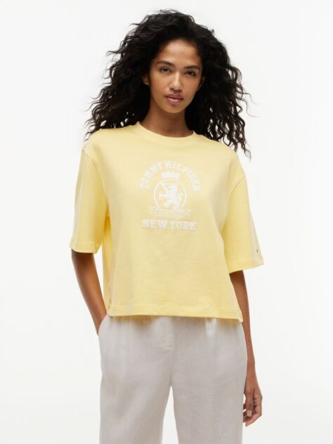 Galben Tricou Din Jersey Spalat Cu Croiala Lejera Si Broderie Pe Guler  Femei
