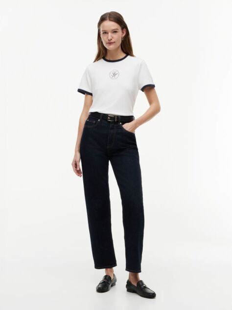 White Logo Embroidery Ringer T-Shirt  Women