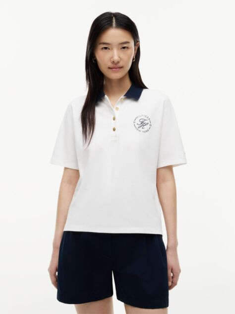 Alb Tricou Polo Cu Croiala Normala De Culoare Aurie Cu Nasturi  Femei