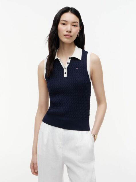 Blue Pulover Polo Fara Maneci Cu Croiala Slim Tricotat Cable  Femei